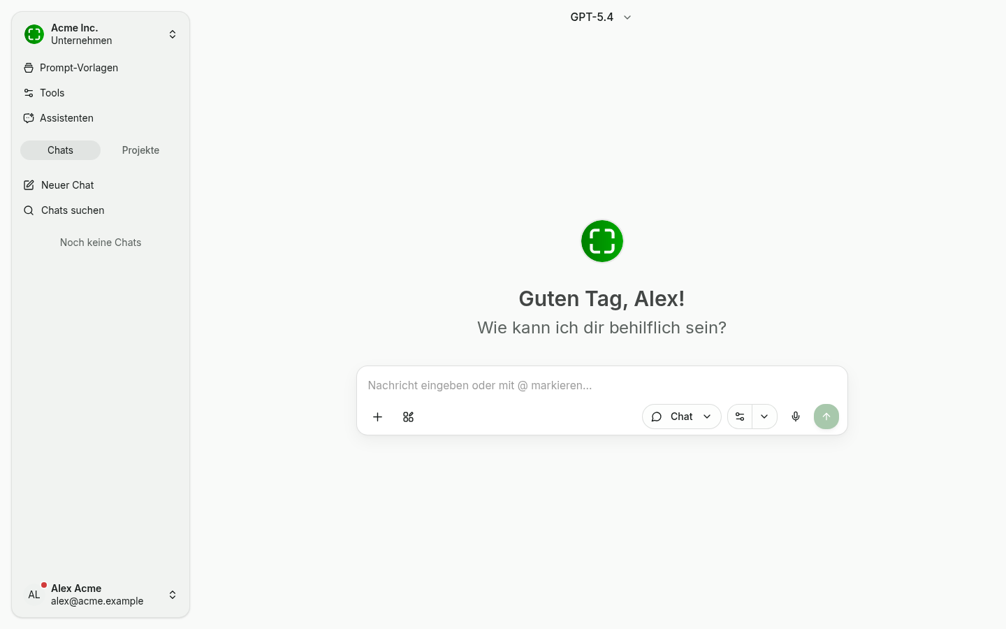 Chat-Startseite nach dem Onboarding mit „Guten Tag, Alex!"-Begrüßung